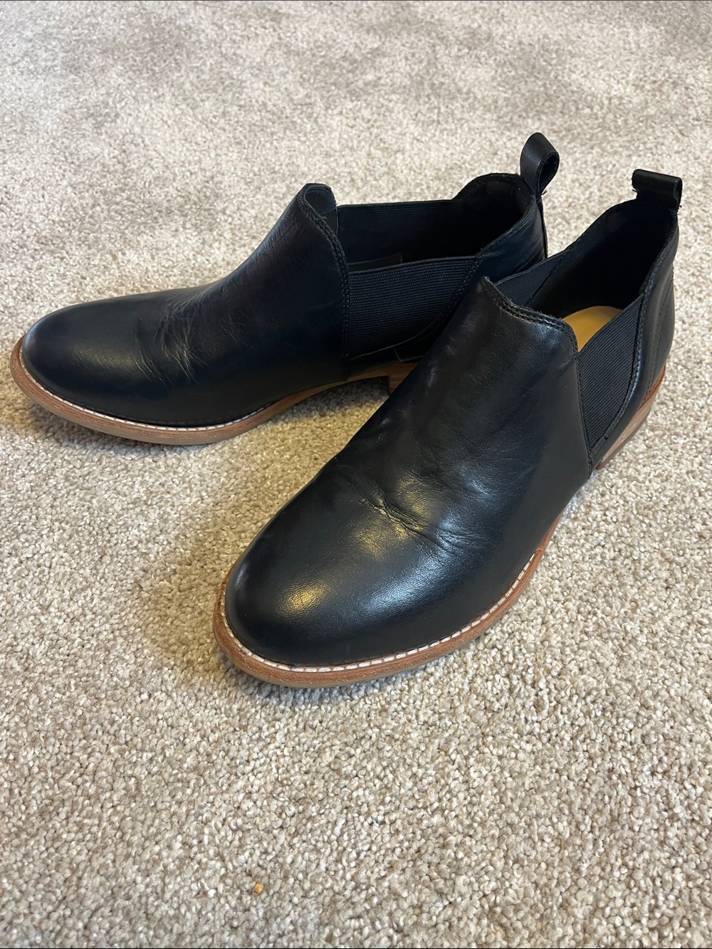 Women's Black Leather Chelsea Booties with Tan Welt